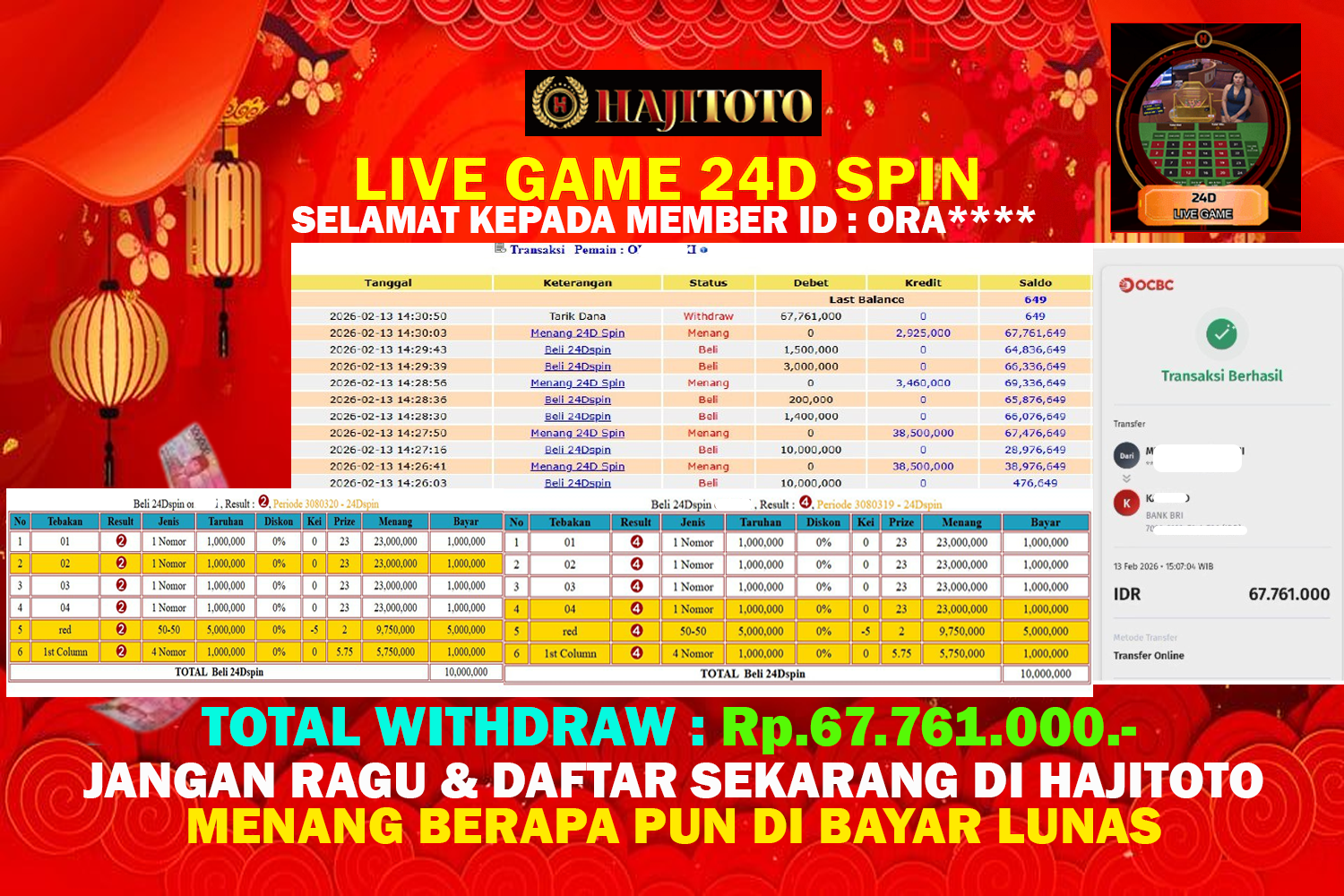 SELAMAT KEPADA PEMENANG MEMBER MERAIH JACKPOT DI GAME LIVE GAME 24DSPIN TOTAL RP 67.761.000 DI BAYAR LUNAS